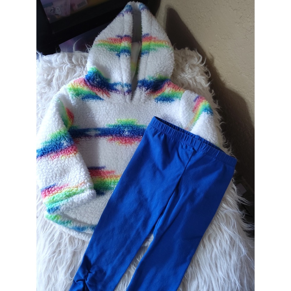 Kids Sherpa Fleece Rainbow Stripe Hoodie and Blue Leggings 2 Pc Set 12/18 Months